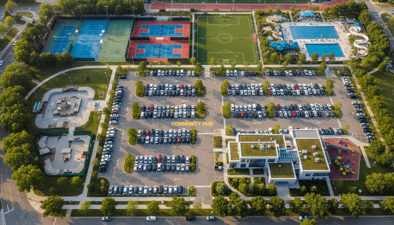 Vue aérienne du parking du Pool House et de son environnement avec installations sportives et commerciales
