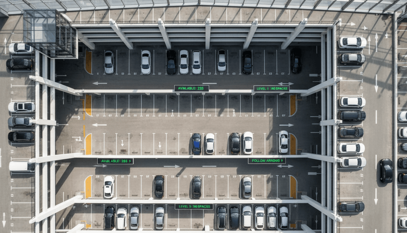 Vue aérienne montrant le rôle central du parking à La Sorinière